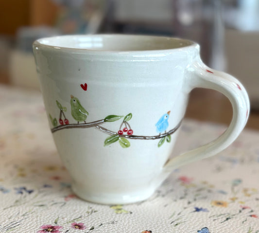 Birds & Cherries large wheel thrown mug