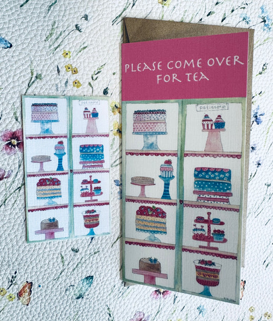 Please come over for tea greeting card & matching bookmark