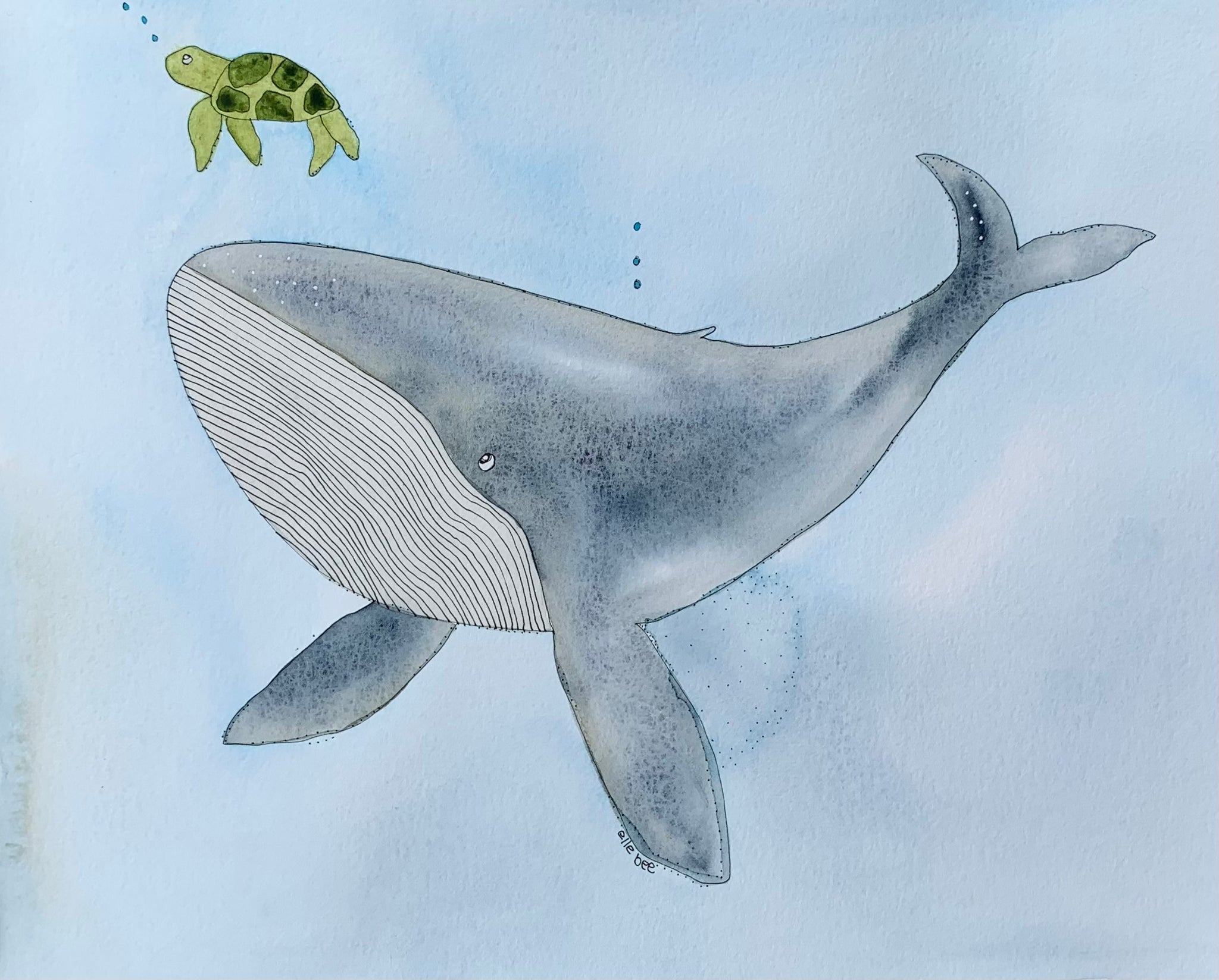 Original watercolour “Blue whale & Turtle” unframed