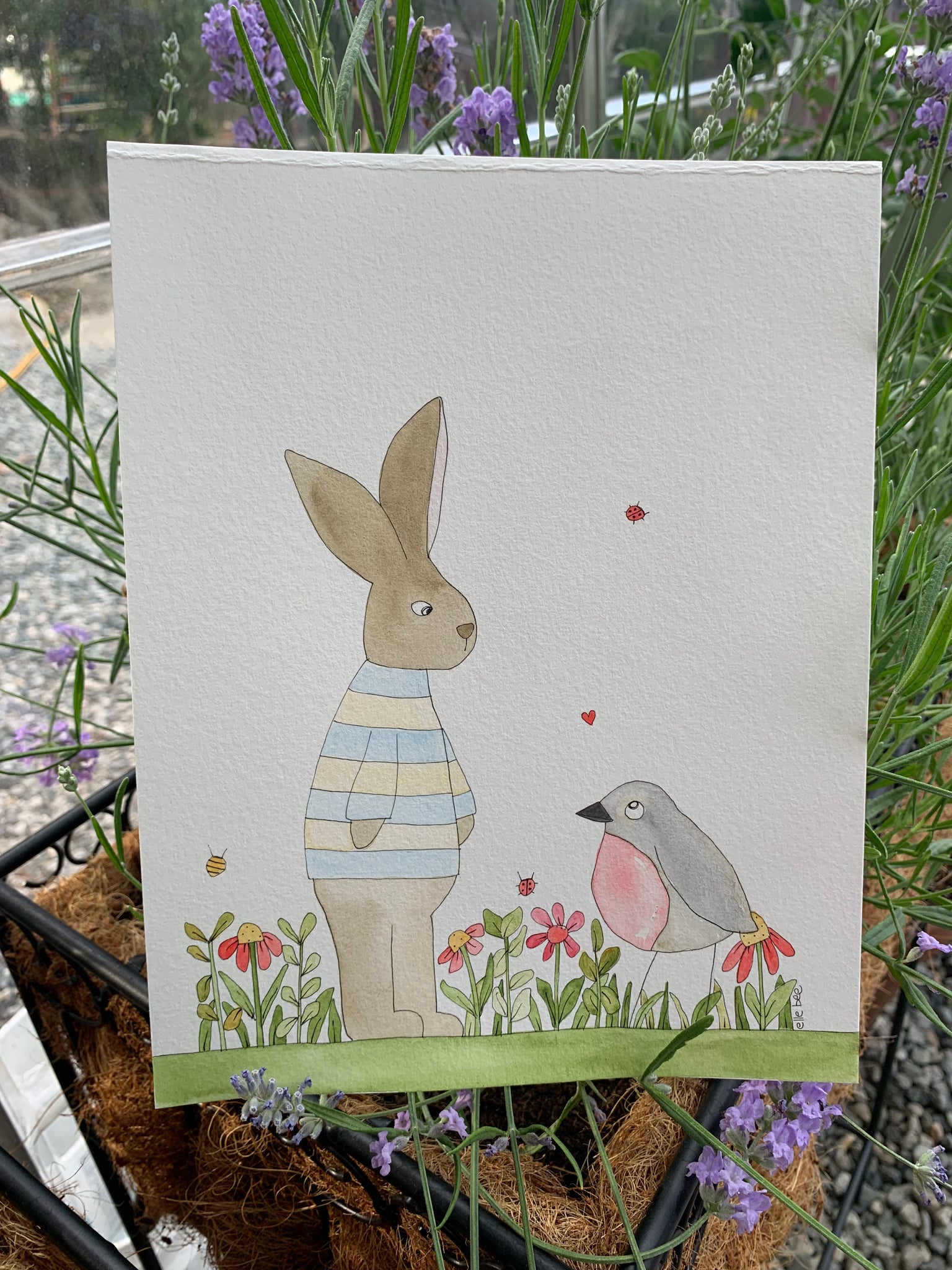 Original watercolour "Bunny and Bird"