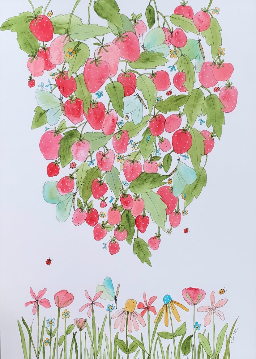 “Strawberries in the Wildflower garden” original watercolour