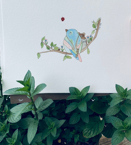 "2 mice and a bluebird" original watercolour