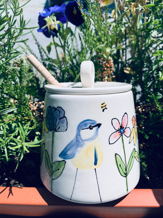 "Blue Tit bird in the garden" honey pot