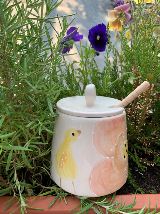“Poppies and duck” honey pot