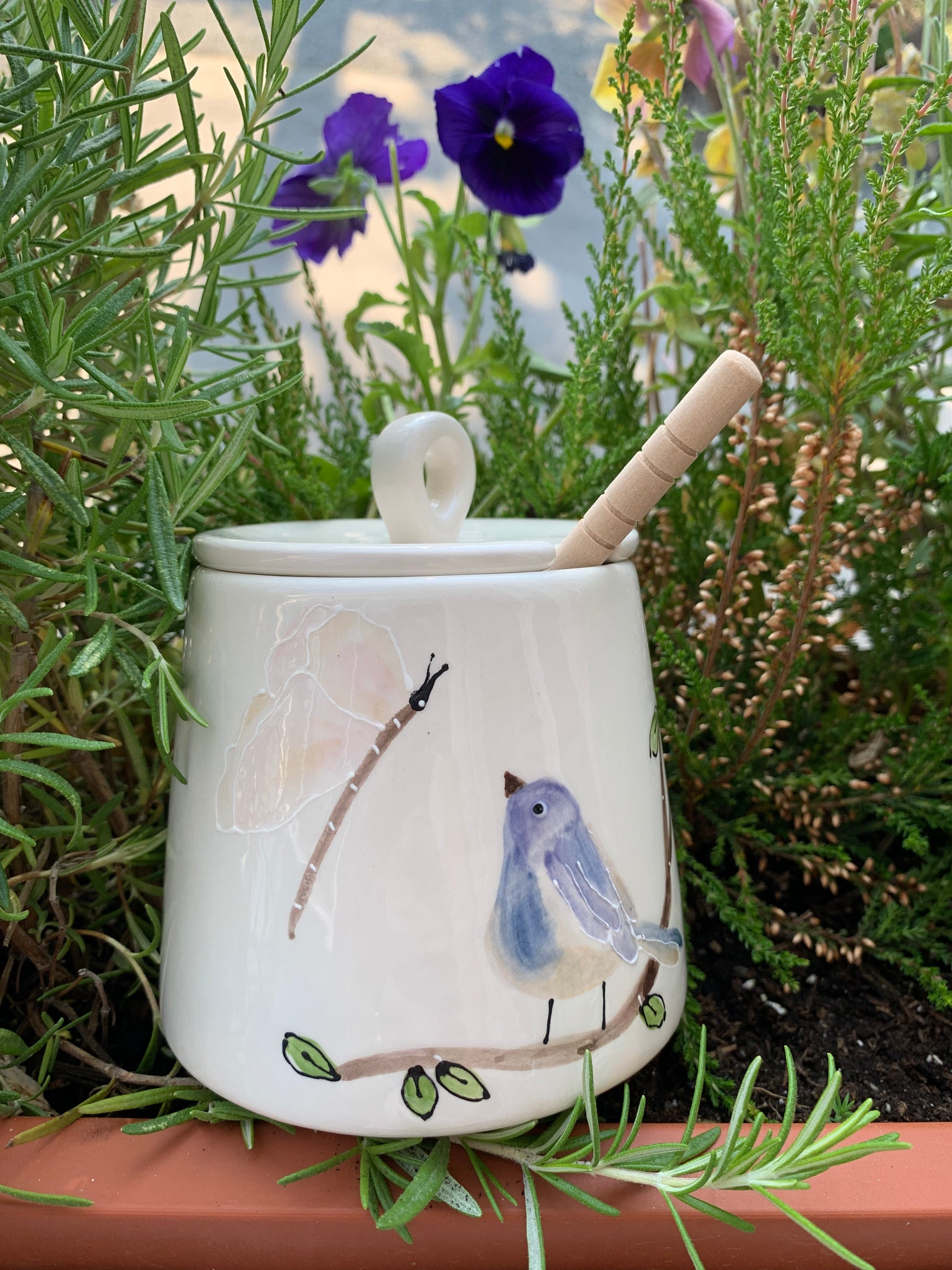 “Bluebird & Butterfly” honey pot