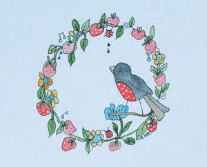 “Robin and Strawberries” wreath original watercolour