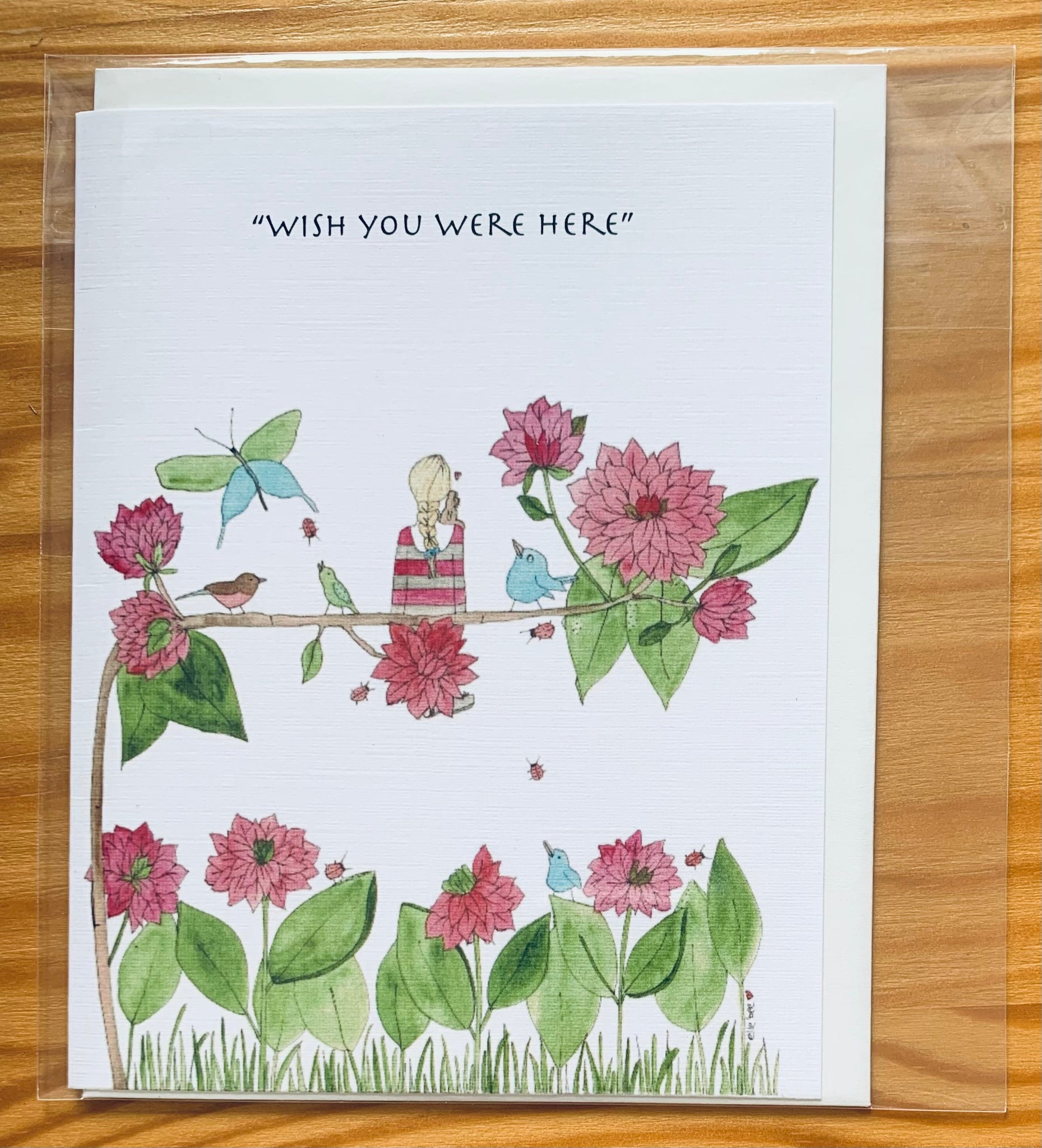 "Wish you were here (Girl & Maisy)" greeting card