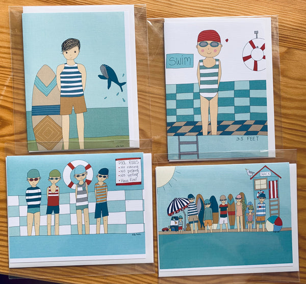 "Swimmers & surfers" set of 4 greeting cards