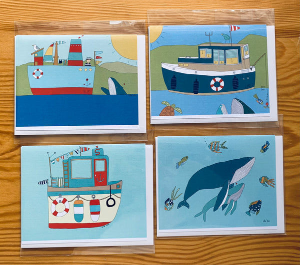 "Boats & Whales" set of 4 greeting cards