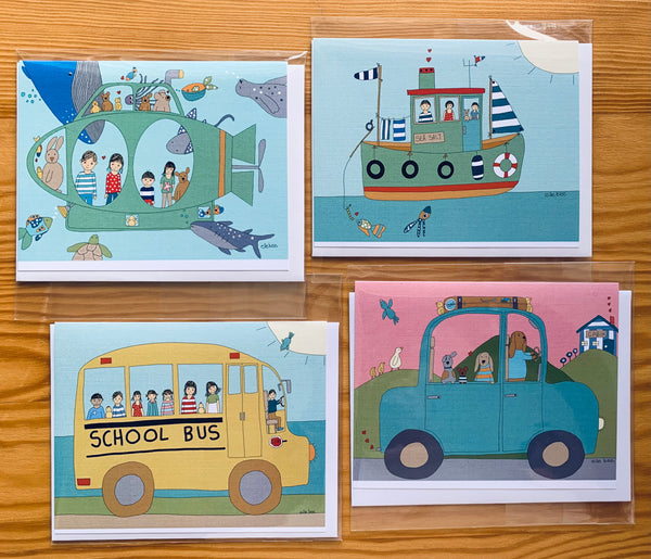 "Travelling kids & animals" set of 4 greeting cards