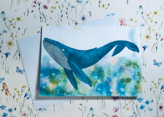 Blue Whale in the Coral 5”x7” greeting card