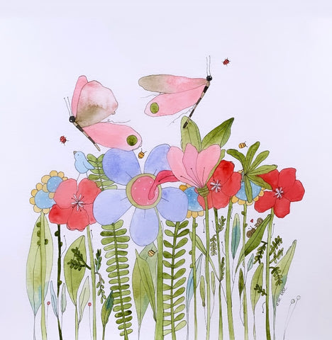 "Butterflies and red Poppies" original watercolour