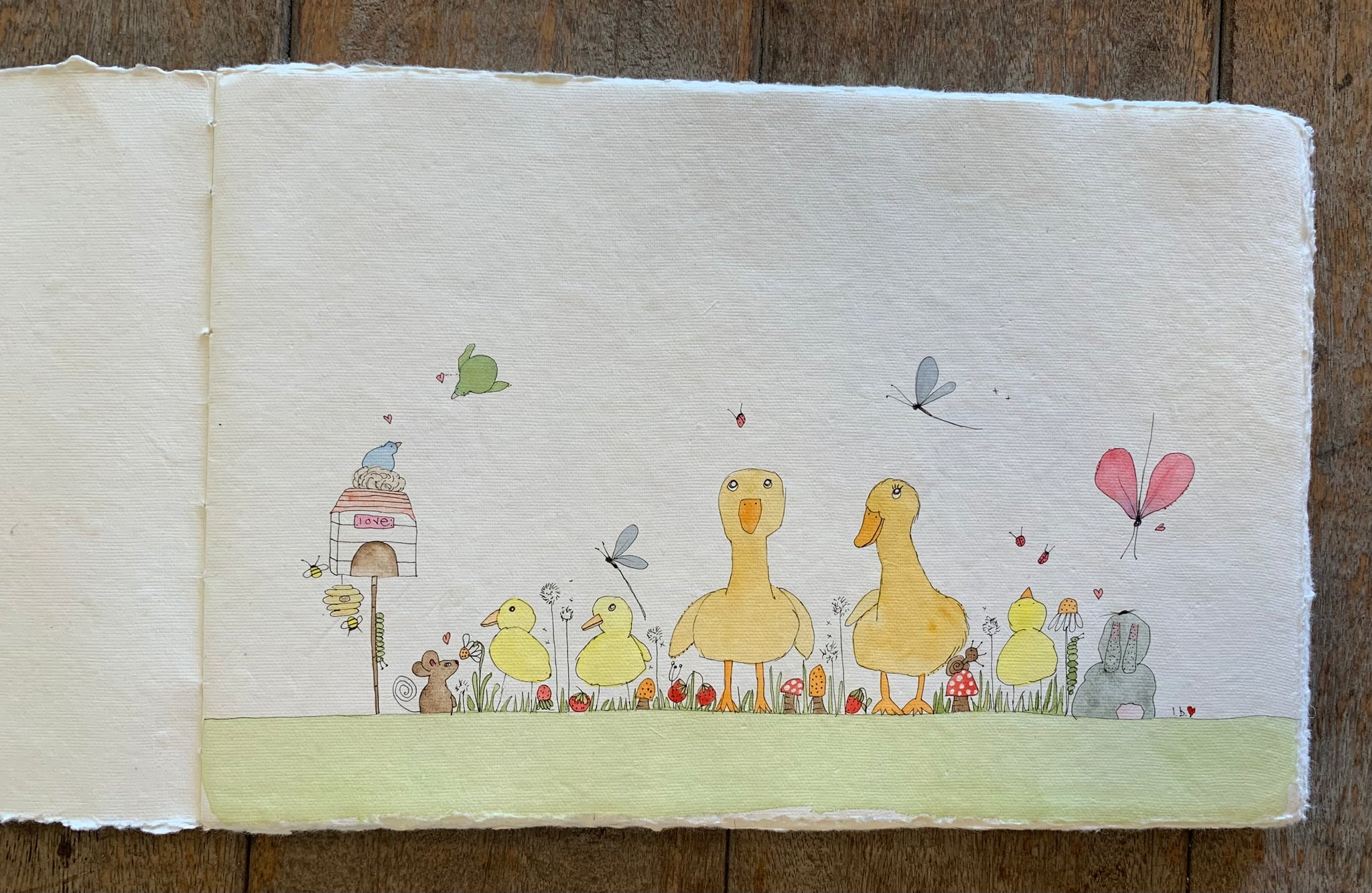 “Duck family in the garden” original watercolor
