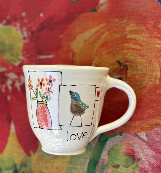 Love bird & flower vase Large wheel thrown mug