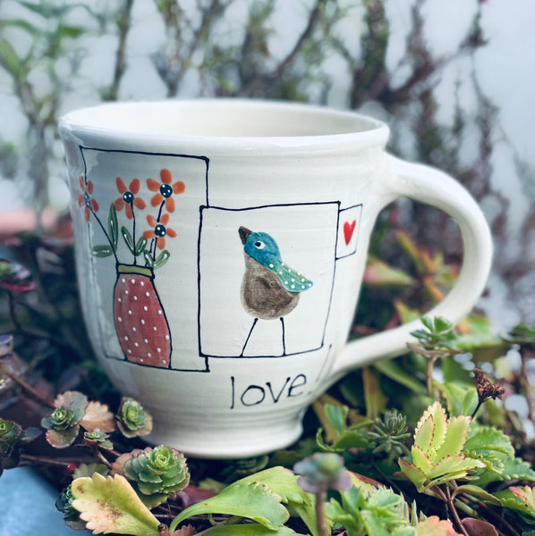 Love bird & flower vase Large wheel thrown mug