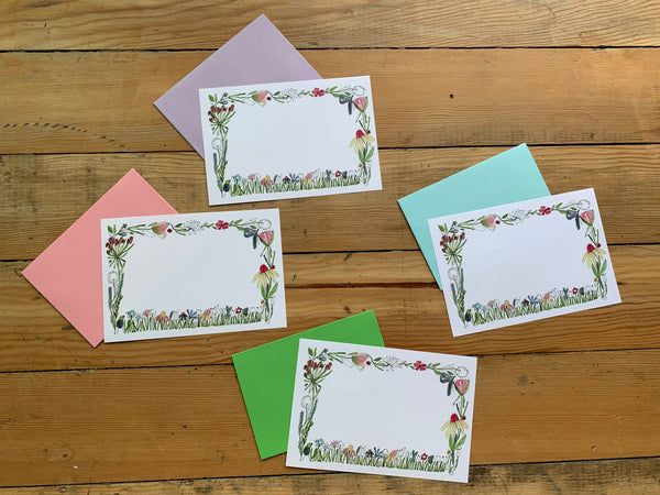 Just a note paper Garden border - set of 4 with variety coloured envelopes