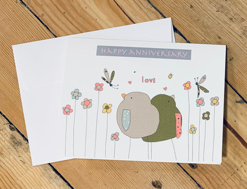 “Happy Anniversary love birds” greeting card
