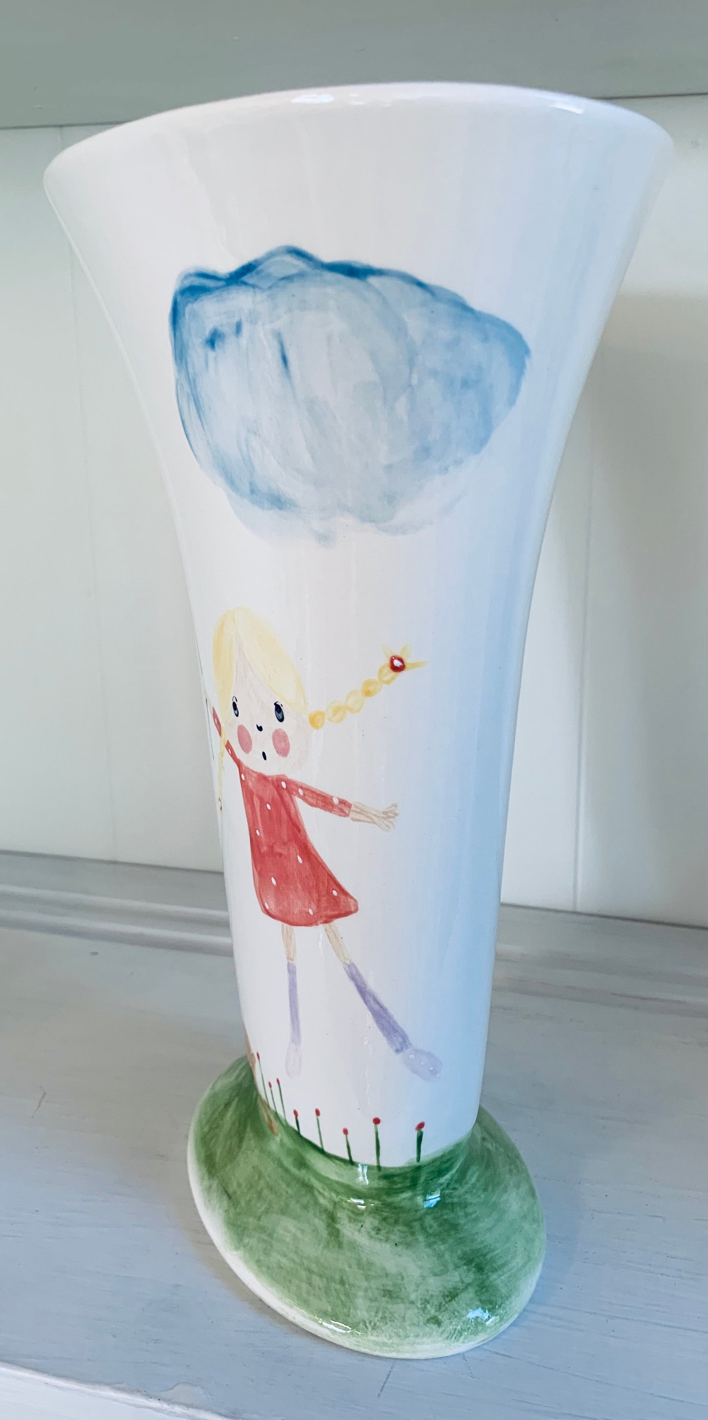 "Girl & balloon illustration” Tall flower vase