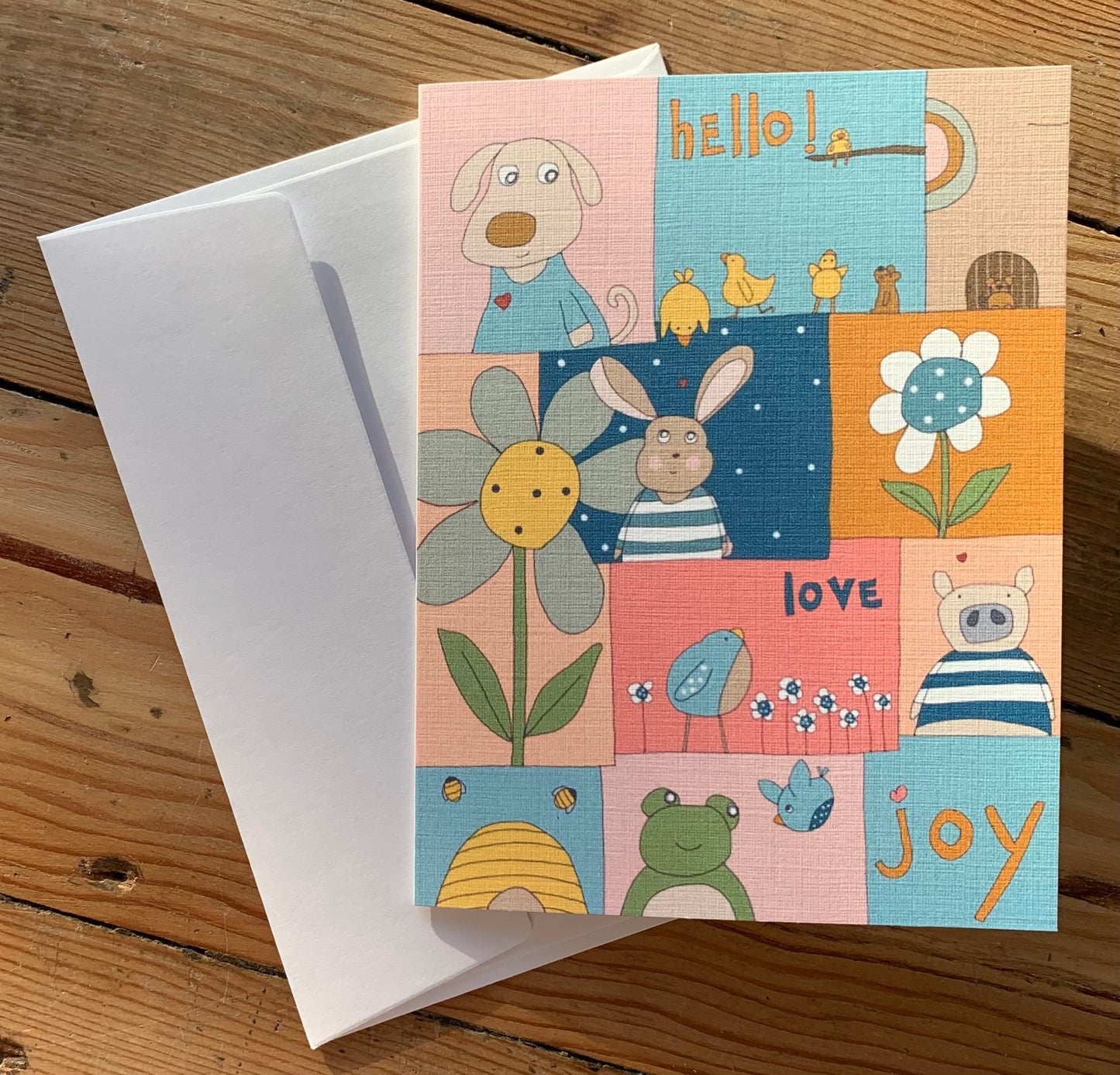 ‘Hello,  love, joy” greeting card