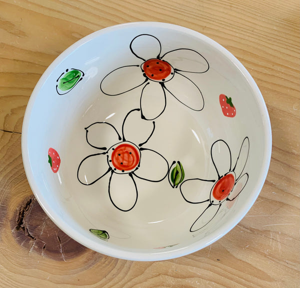 Red Daisies & strawberries cereal bowl