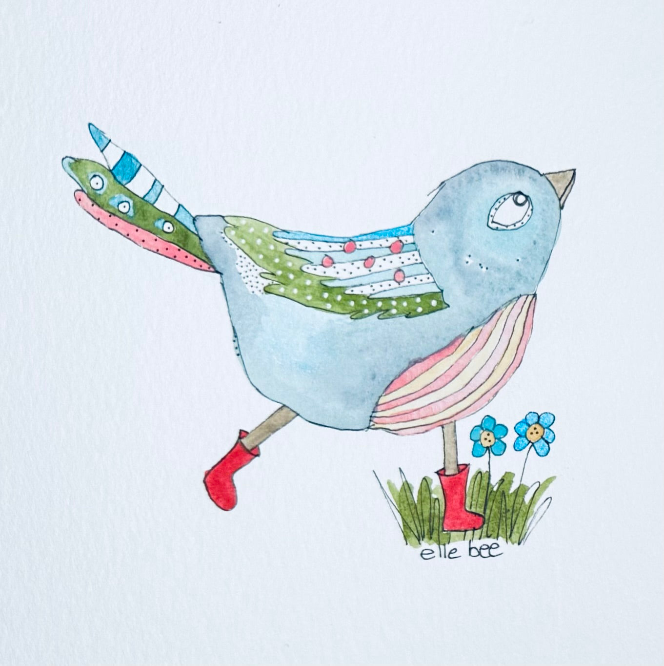 Bluebird in red boots Original watercolour
