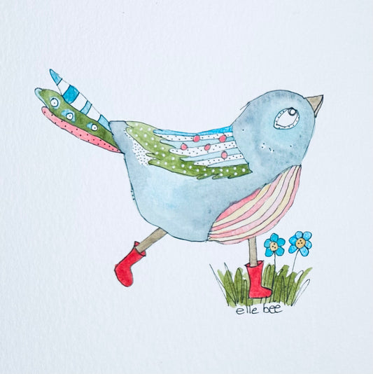 Bluebird in red boots Original watercolour