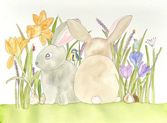 Spring Bulbs & Bunnies Original watercolour