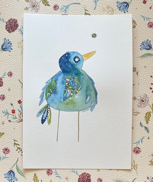Bluebird & bee original watercolor