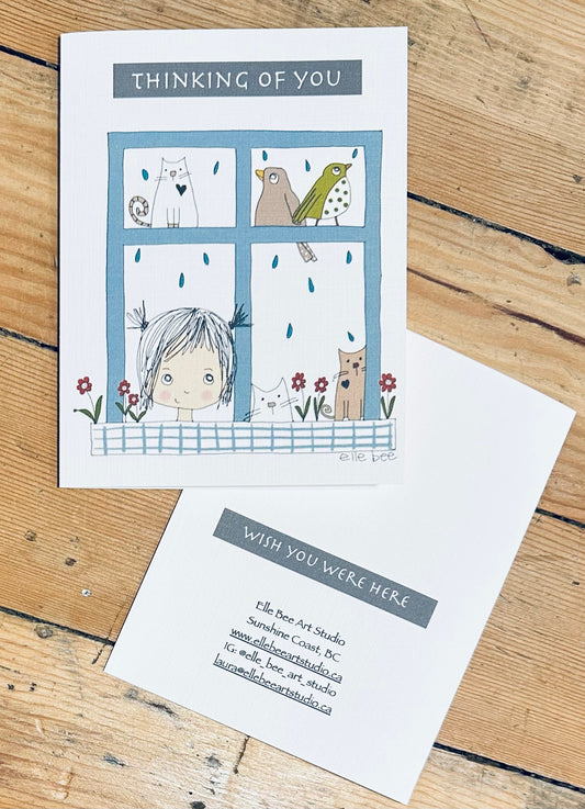 “Thinking of you/wish you were here” greeting card