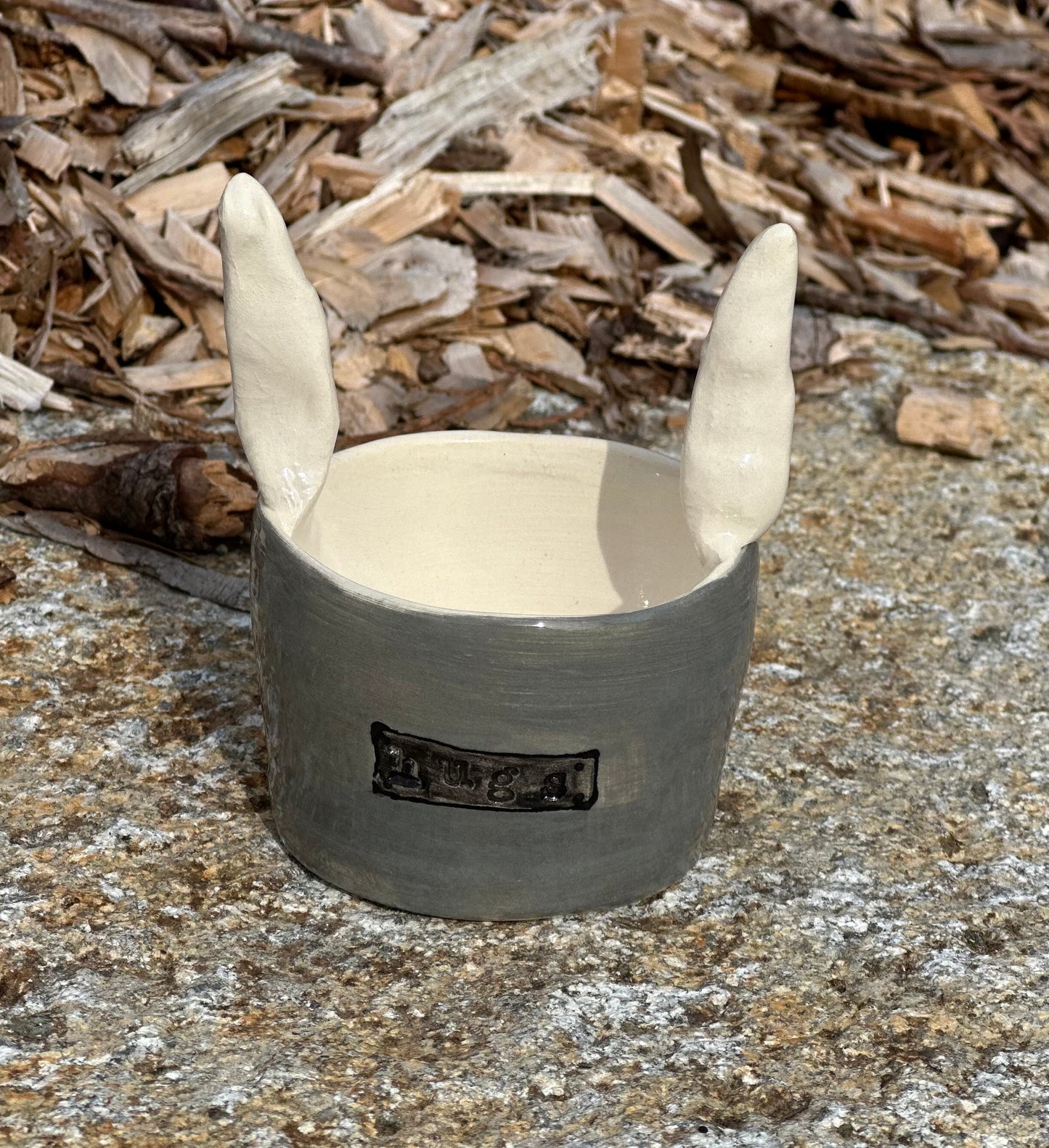 Grey Bunny hugs planter