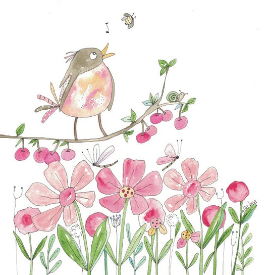 Robin in the cherry tree greeting card