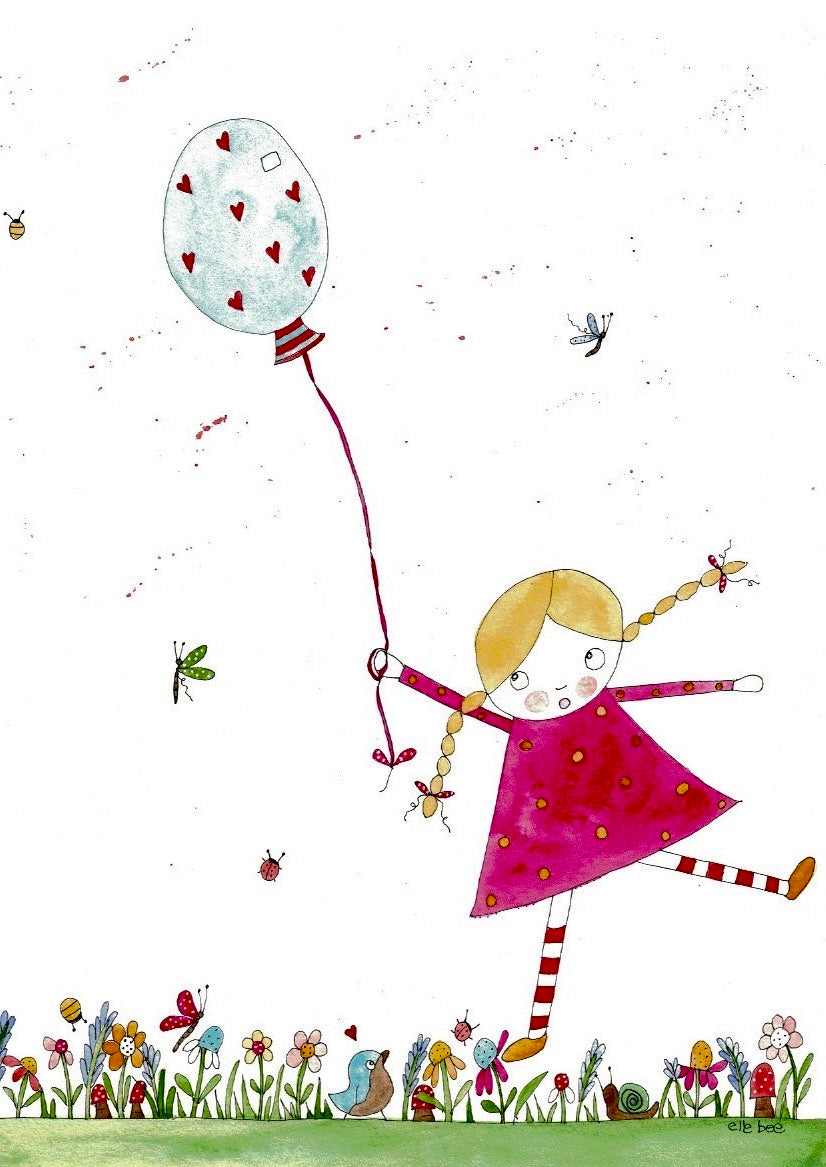 Girl in pink with heart balloon greeting card