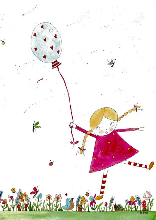Girl in pink with heart balloon greeting card