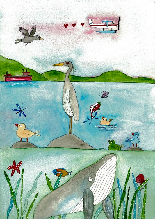 Whale & Heron greeting card
