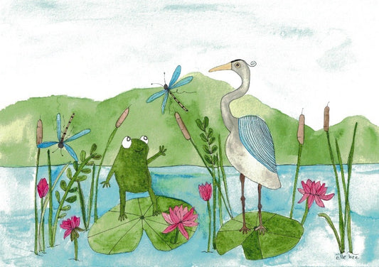Heron & frog on Lilypads greeting card