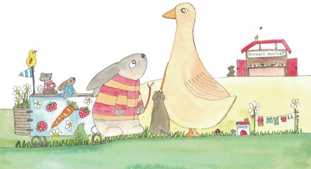 "Bunnies new blue cart" greeting card