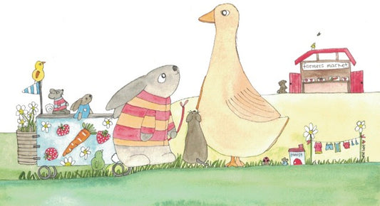 "Bunnies new blue cart" greeting card