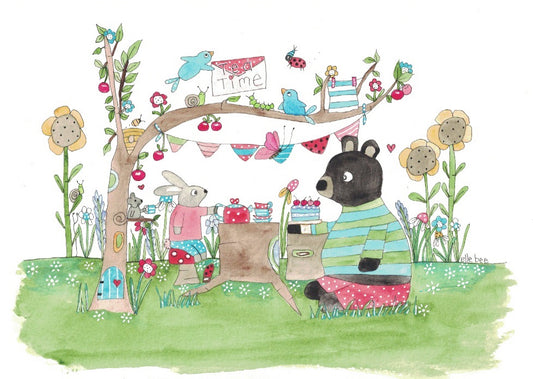 Tea time with bear & bunny greeting card