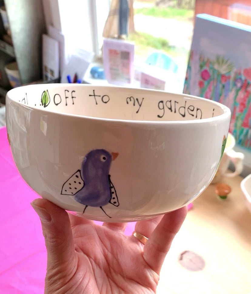 Cereal bowl "Off to my garden" flower bird bee ladybug