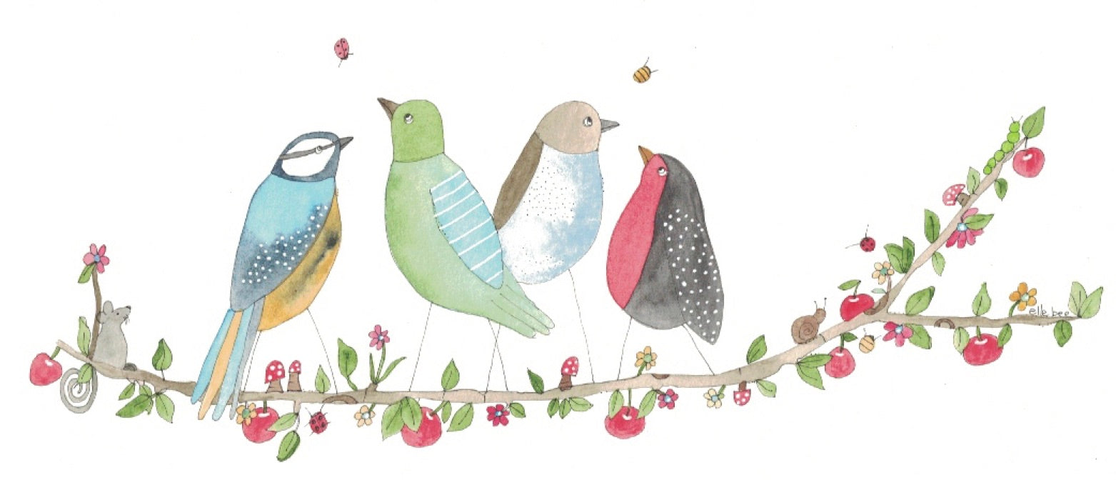 Greeting card "4 birds in a cherry tree"