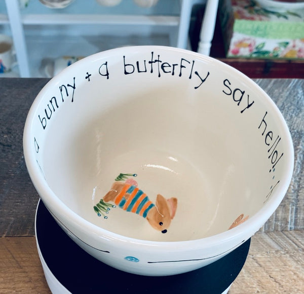 Extra large cereal bowl "Happiness..." bunny and butterfly
