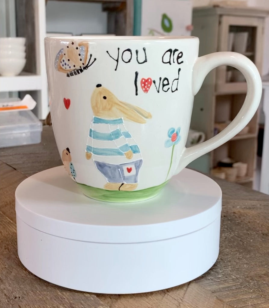 Large tea or coffee mug "You are loved" bunny / butterfly