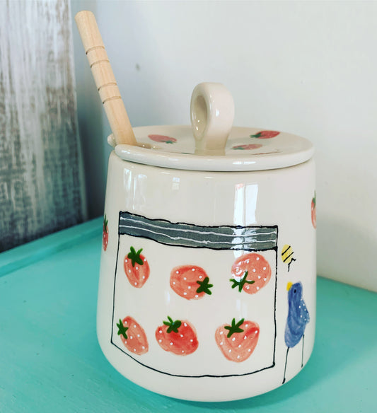 Honey pot - strawberry jam and bluebird