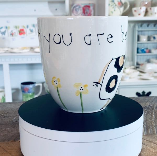 Large coffee or tea mug "You are bee-u-tiful" cow / daisies / beehive / bees