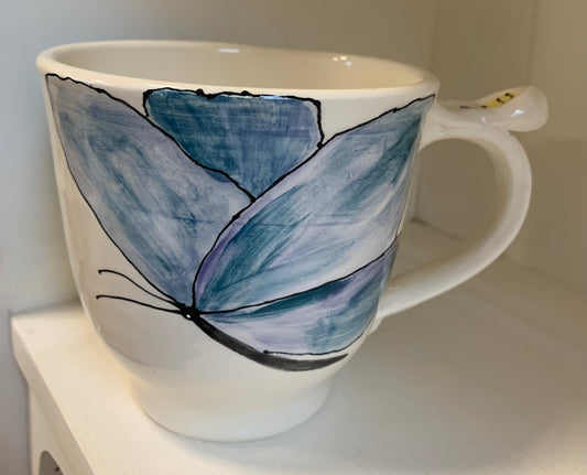 Large wheel thrown mug "Blue Butterfly & tulip"
