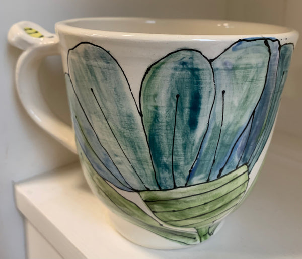 Large wheel thrown mug "Blue Butterfly & tulip"
