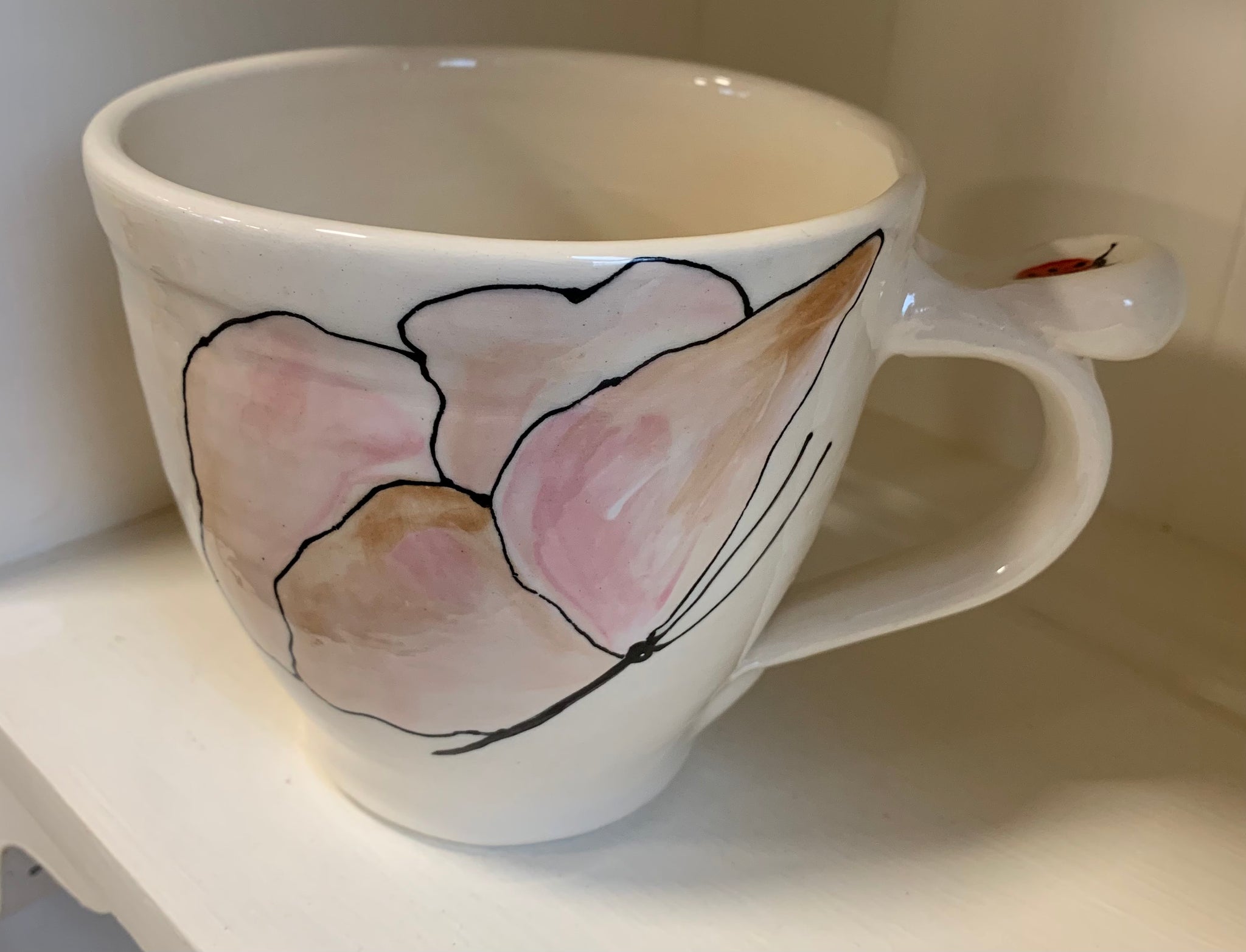 Large wheel thrown mug "Pink butterfly & tulip"