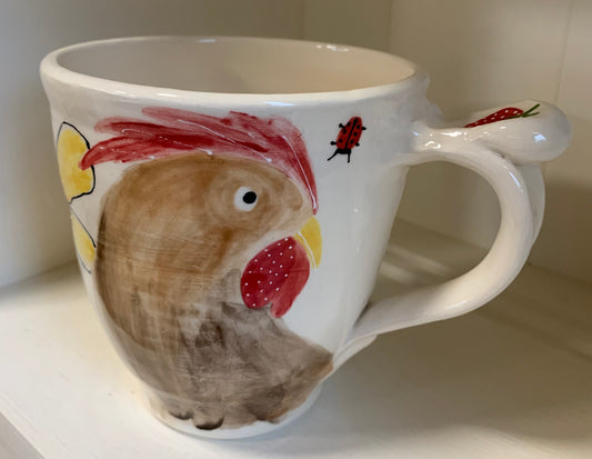 Large wheel thrown mug "Rooster and daisies"