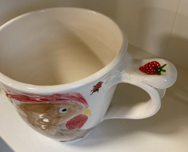 Large wheel thrown mug "Rooster and daisies"