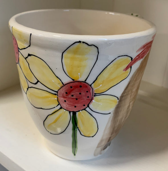Large wheel thrown mug "Rooster and daisies"